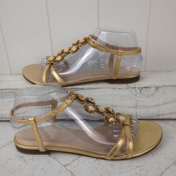 KATE SPADE Gold Metallic Stacey Flat Sandals Rhinestone Strappy Size 8.5 M - Picture 5 of 15